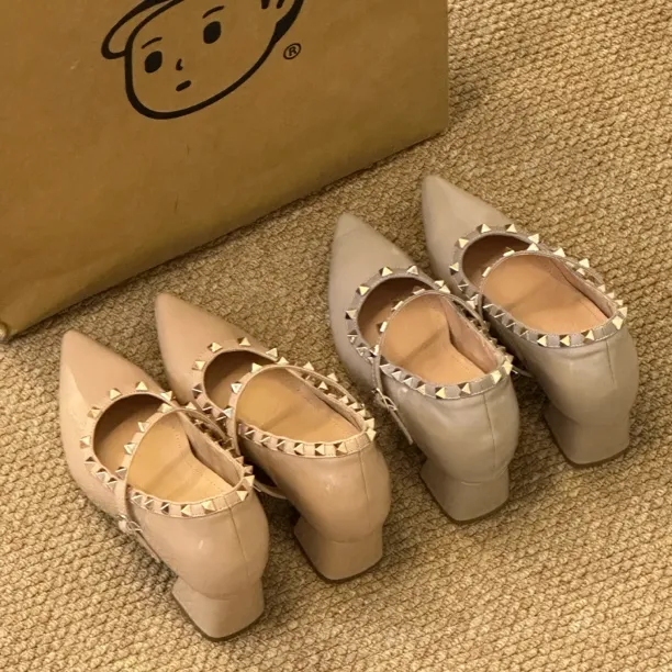 晚睡兰•内增高10cm铆钉通勤百搭女粗跟罗马尖头高跟单鞋平底女潮