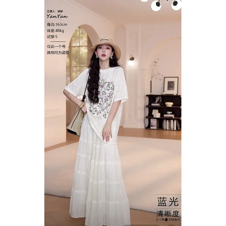 韩系蕾丝提花短袖t恤女2025夏季新款慵懒宽松印花百搭上衣可配套