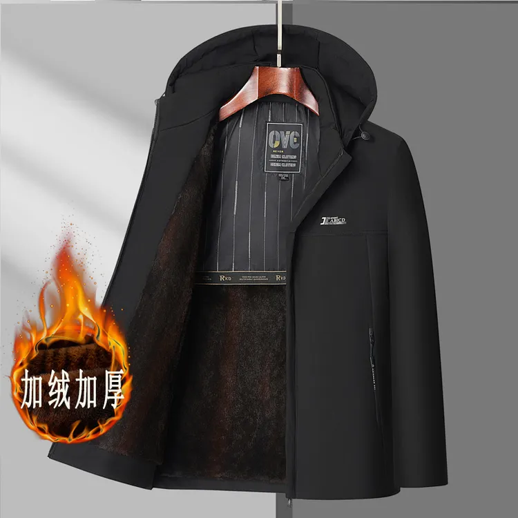 派克服冬季新款商务休闲棉上衣中老年保暖中长款外套帽子可脱卸