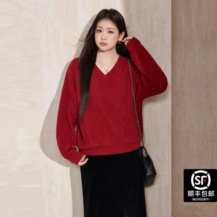 蓝语大码女装红色V领亮丝毛衣2025秋冬别致宽松显瘦针织上衣