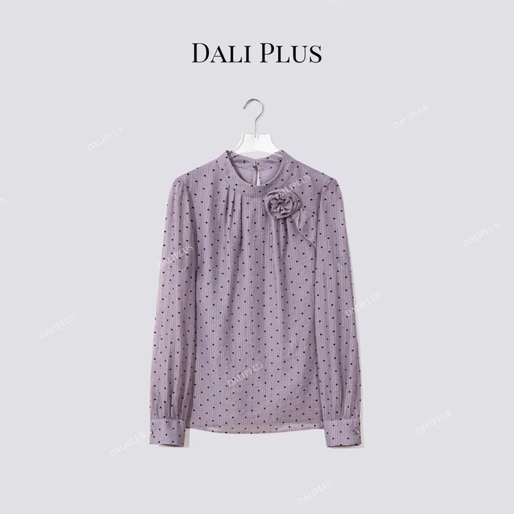 DALI PLUS“紫色爱心波点花朵衬衫”天丝优雅立领长袖衬衫-D5SS7226