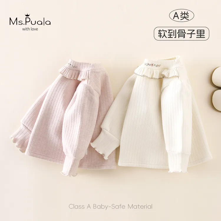 【MsPuala杏仁奶心】童装婴幼女童加绒领口绣花秋冬棉质圆领打底衫