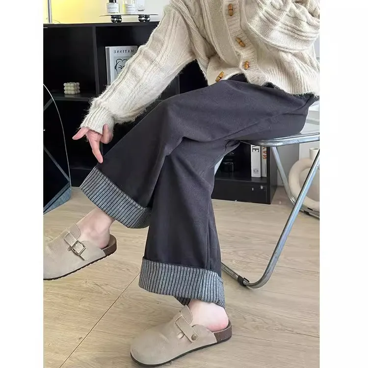 灰色加绒阔腿裤女秋冬胖妹妹宽松显瘦人字纹休闲裤卷边直筒毛呢裤