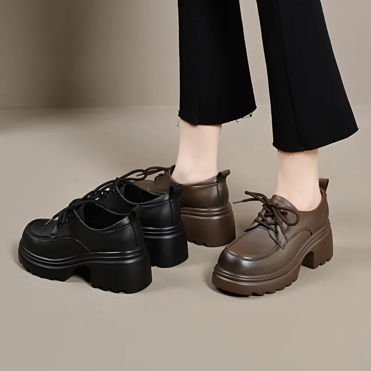 6955乐福鞋米白新款系鞋带厚底增高单鞋女鞋爆款单里时尚百搭黑色