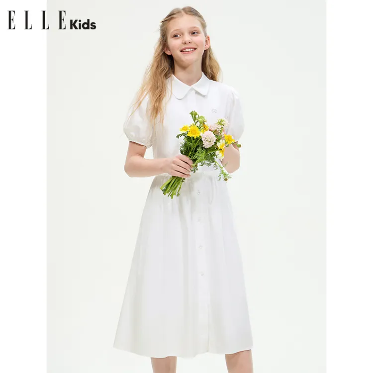 ELLE KIDS 收腰娃娃领连衣裙女儿童夏季新款泡泡袖大裙摆裙子A1