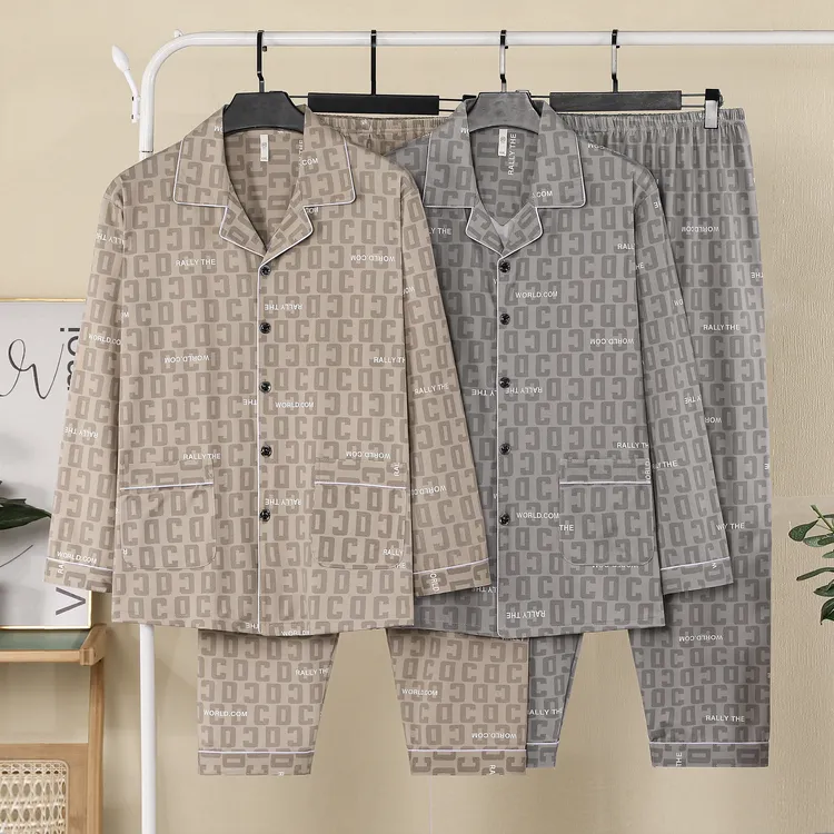 长袖睡衣男士春秋款2025年新款中年人字母图案送老公家居服套装