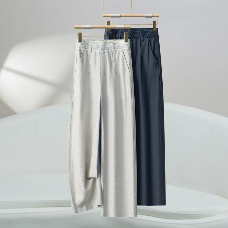 天丝亚麻夏季薄款冰感舒适抗皱九分阔腿裤高腰蕾丝宽松时尚休闲裤