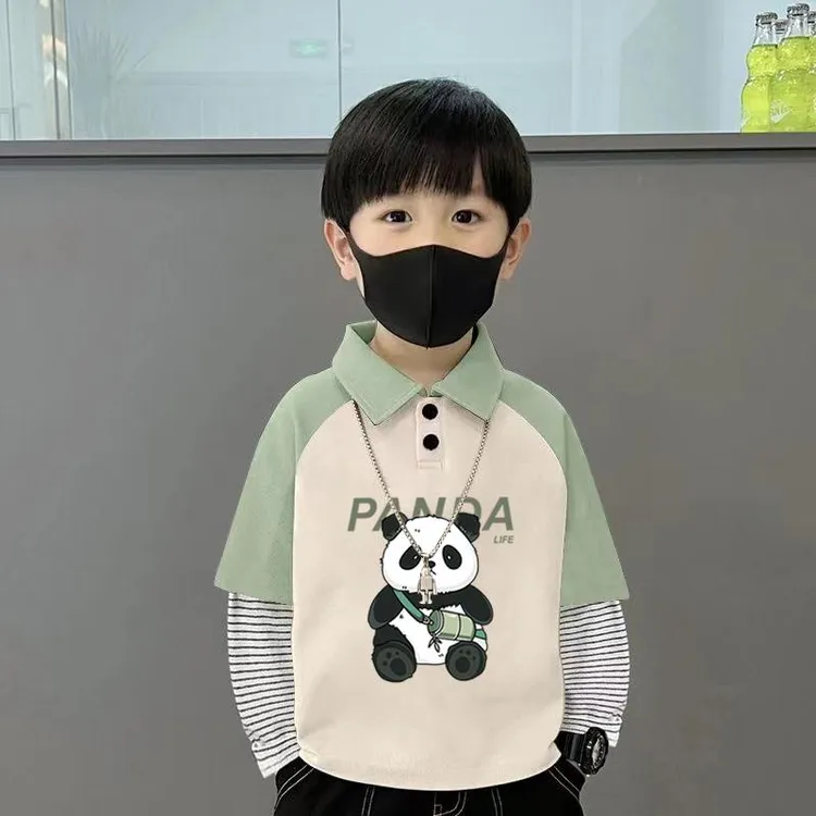 100%纯棉拼接条纹长袖T恤男童polo衫春秋季儿童卡通帅气印花上衣t