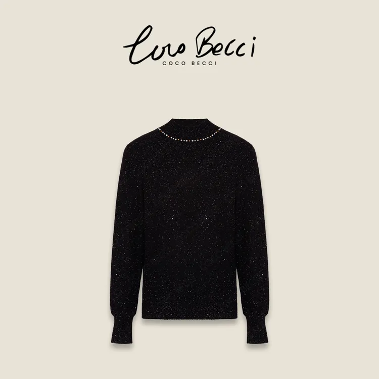 COCO BECCI【幻彩流光】绵羊毛半高领钉珠亮片针织衫CFLJD331385