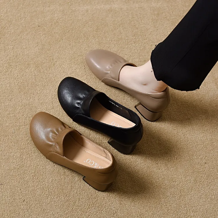 2025新款春秋季粗跟单鞋女中跟真皮鞋妈妈女鞋秋款圆头软皮低跟鞋