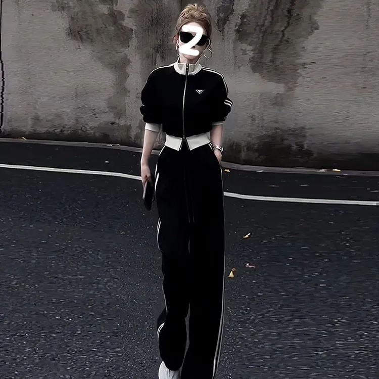 高级感气质休闲运动套装女春季显瘦黑色卫衣高腰阔腿裤两件套