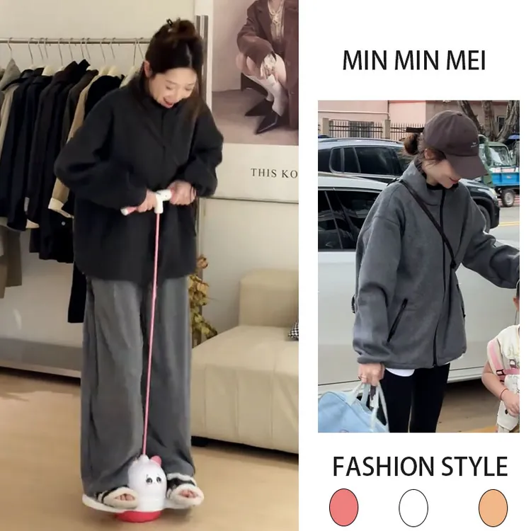 韩系拉链立领卫衣2025秋冬新款慵懒风百搭阔腿裤显瘦时尚两件套装