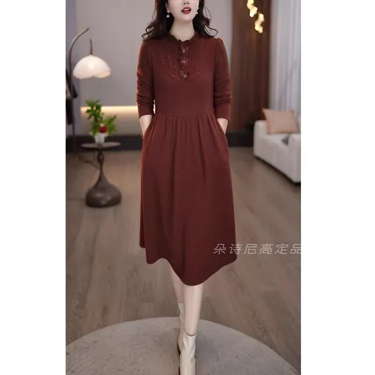 2025冬款红色优雅大气高贵名媛宽松精致加厚中长款连衣裙M-4XL
