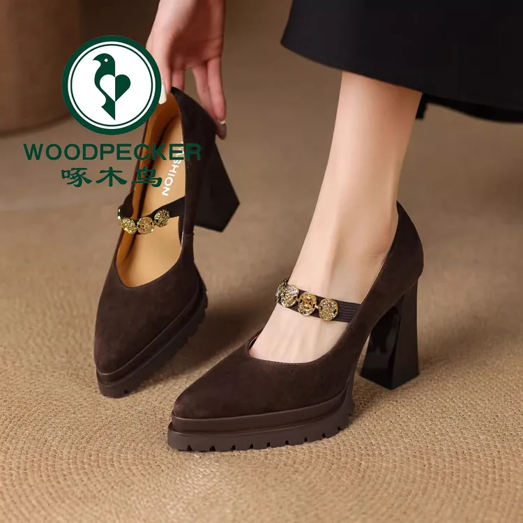 啄木鸟粗跟防水台松紧带金币单鞋厚底小个子不累脚尖头玛丽珍鞋子
