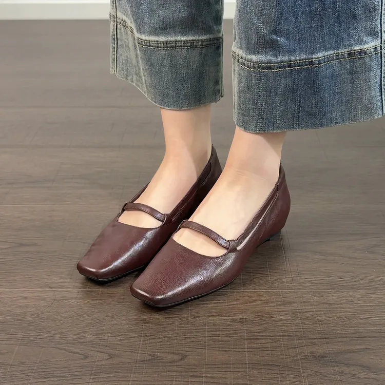 3.5cm/UE2648羊皮粗跟方头浅口女单鞋一字带复古玛丽珍鞋百度软底