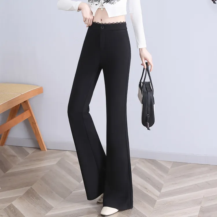 蕾丝拼接西装微喇裤女2025春季新款高腰修身显瘦设计感直筒喇叭裤