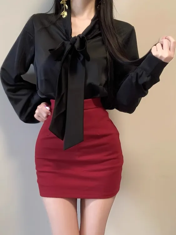 纯欲风穿搭气质长袖衬衫制服套装女酒红色包臀裙高级感短裙两件套