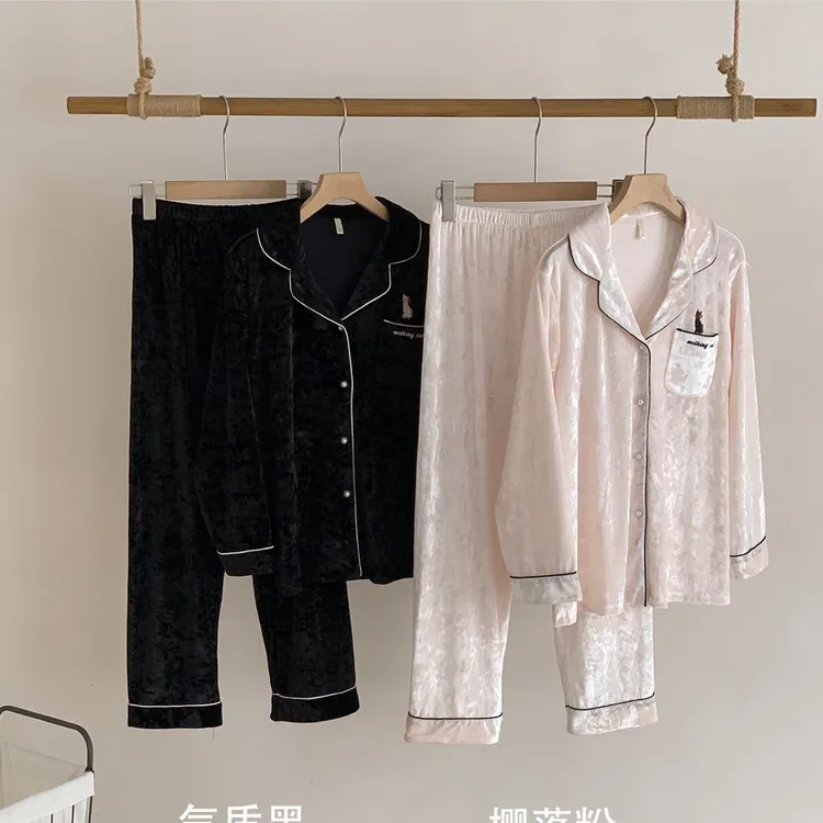轻奢黑猫套装秋冬季钻石绒长袖长裤睡衣简约纯色可外穿家居服开衫