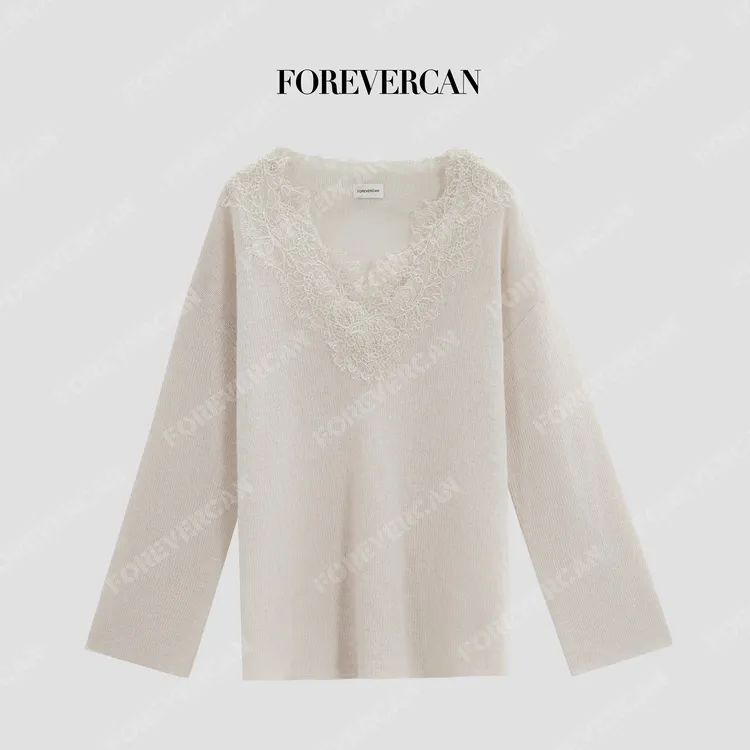 FOREVERCAN“法式绮梦”睫毛蕾丝V领饰边软糯羊毛针织毛衣MY4733