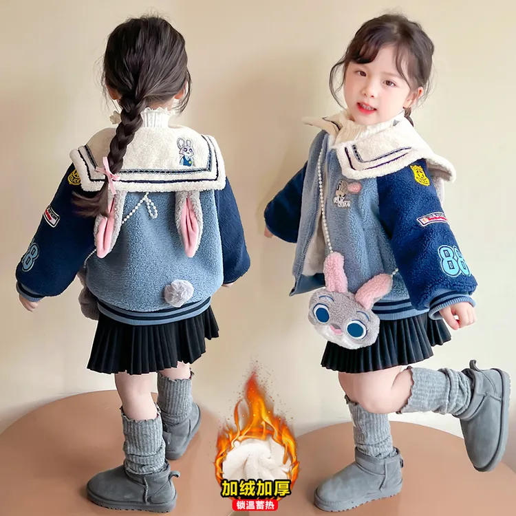 2025新款女童中长款外套连帽秋季冬季加绒加厚款普通外套提花加厚