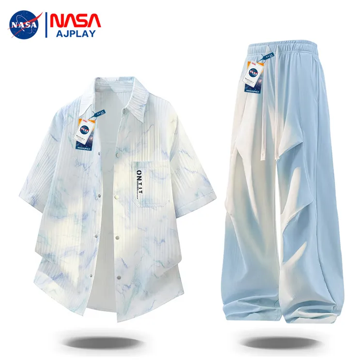 【NASA正品】潮牌男装一整套夏季日系扎染肌理感衬衫褶皱设计休闲裤