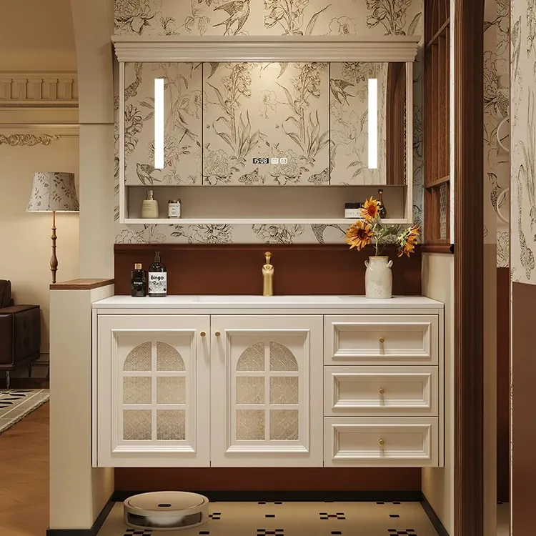 法式奶油风浴室柜岩板无缝盆橡木胶实木轻奢智能组合卫生间洗漱台