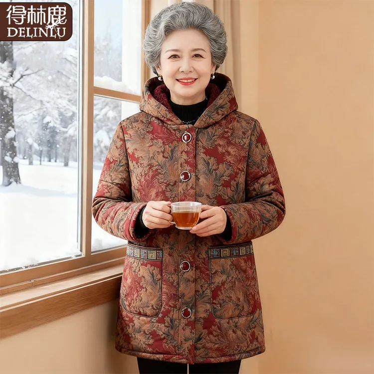 中老年人冬装女棉衣60岁70奶奶装连帽棉袄妈妈加厚保暖棉服老太太