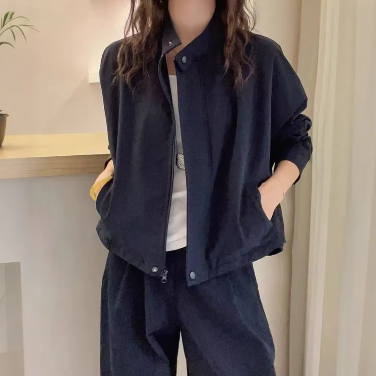 时尚设计感立领拉链落肩袖短款纯棉外套女早秋新款时髦工装风上衣