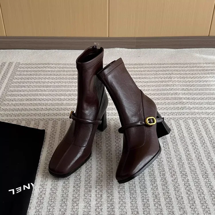 软皮版~英伦方头皮带扣粗跟瘦瘦靴女秋冬复古法式高跟短靴马丁靴