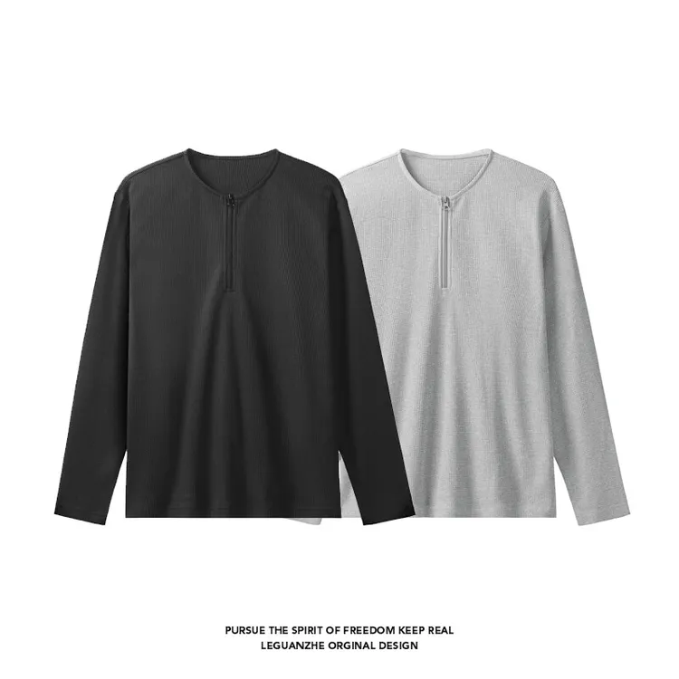 男士半拉链华夫格上衣运动休闲美式设计感T恤春秋潮流纯色长袖