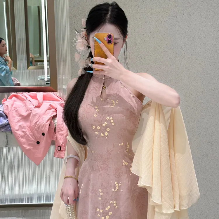 LHMknk1画报夫人原创自制显瘦国风夏季粉色新中式旗袍 挖肩粉春