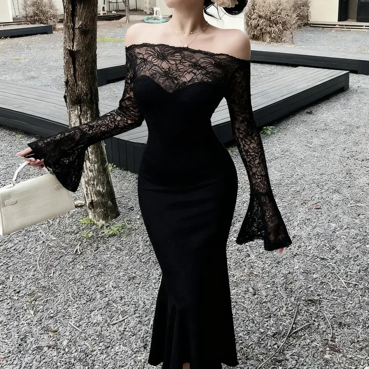 运补6-8 原创高级感抹胸蕾丝连衣裙晚会礼服一字肩气质鱼尾长裙秋