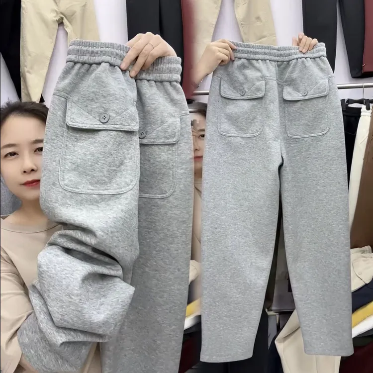 加绒加厚冬季纯棉休闲裤女秋季新款百搭高腰萝卜裤洋气保暖哈伦裤