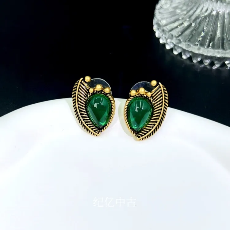 黄铜琉璃耳饰 JYed040中古耳饰复古爱心绿色耳钉耳环百搭时尚奢华