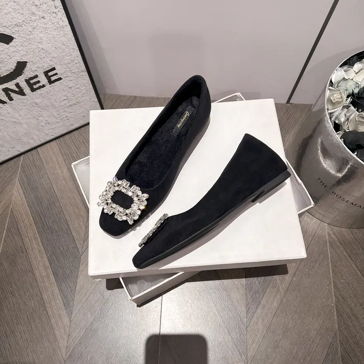 内增高水钻方扣单鞋单鞋方扣平底时尚黑色气质小方头浅口单鞋