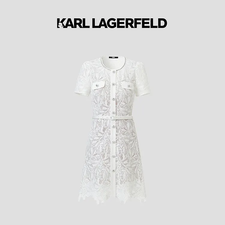 【官方】KARLLAGERFELD卡尔拉格斐圆领白色连衣裙老佛爷M22L1380