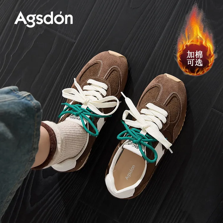 奥古狮登棕色加绒德训鞋女2025秋冬复古耐脏运动鞋气质休闲板鞋xx