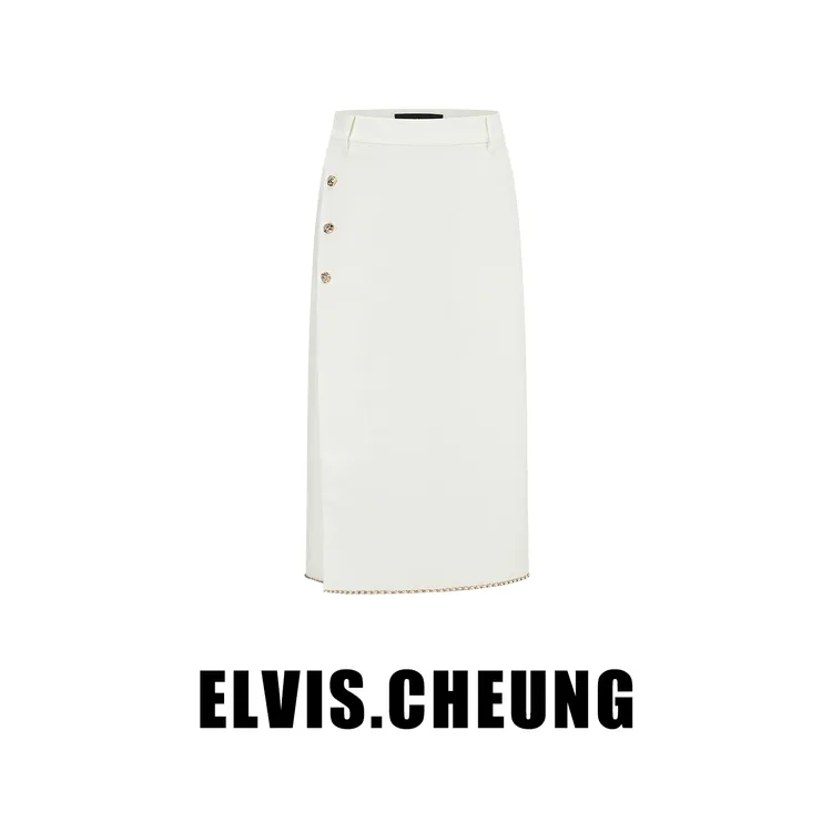 ELVIS.CHEUNG26SS墨隐流光-金扣缀饰精仿侧开过膝半裙