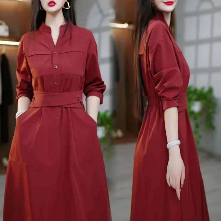 显白气质显瘦中长款连衣裙2025春季新款收腰长袖韩版假两件长裙女