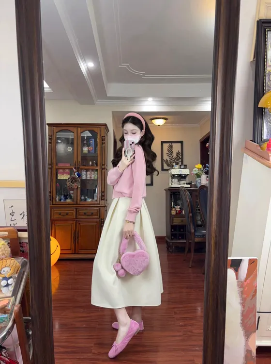 秋季绝美ootd穿搭一整套女巨好看小香风气质针织开衫半身裙两件套