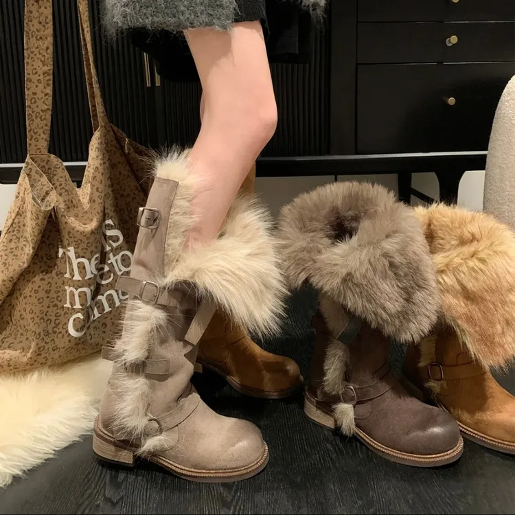 重磅斯拉夫美学骑士直筒靴子女潮流百搭长筒雪地靴两穿中筒毛毛靴