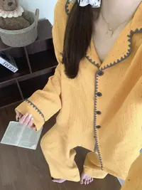 韩系ins撞色波点睡衣女春秋轻薄透气长袖长裤可外穿家居服套装