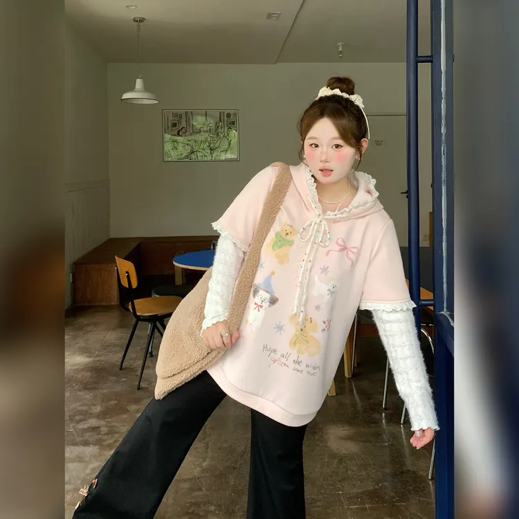 徐达布【晚吸风利】粉色连帽卫衣女微胖早秋上衣R38049C53