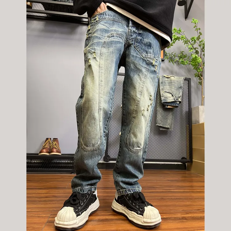 秋冬美式复古做旧拼接潮款牛仔裤男个性百搭风高街款长裤5879
