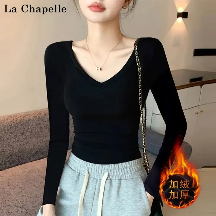 La Chapelle/拉夏贝尔黑色V领加绒加厚打底衫女冬季高级感上衣