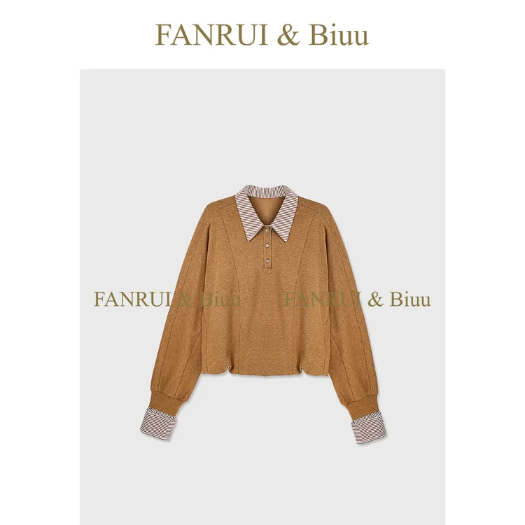 FANRUI/泛芮「晨序格言」细条纹polo领小众拼接设计卫衣外套B17443
