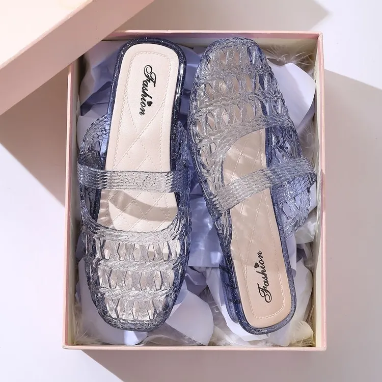 2025包头半拖鞋女款水晶凉拖鞋镂空设计透明粗跟时尚外穿夏季百搭