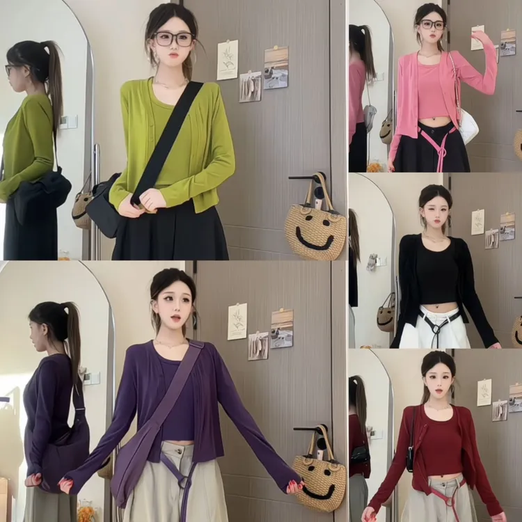 （开衫+背心）春夏纯欲慵懒开衫长袖短外套高弹2025早秋新款两件套
