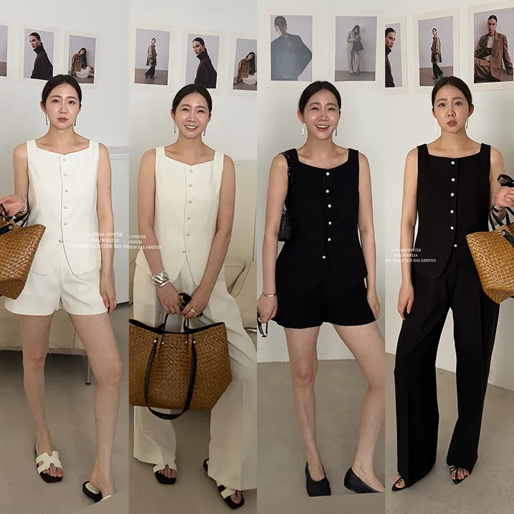 widelia陈姬儿夏季韩版气质收腰珍珠扣背心+休闲短裤长裤套装7222