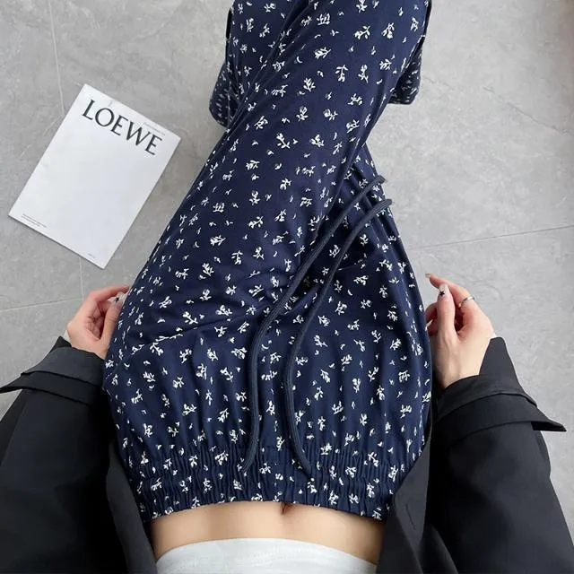 复古碎花休闲裤女2025早秋新款高腰修身微喇裤垂感阔腿拖地长裤子